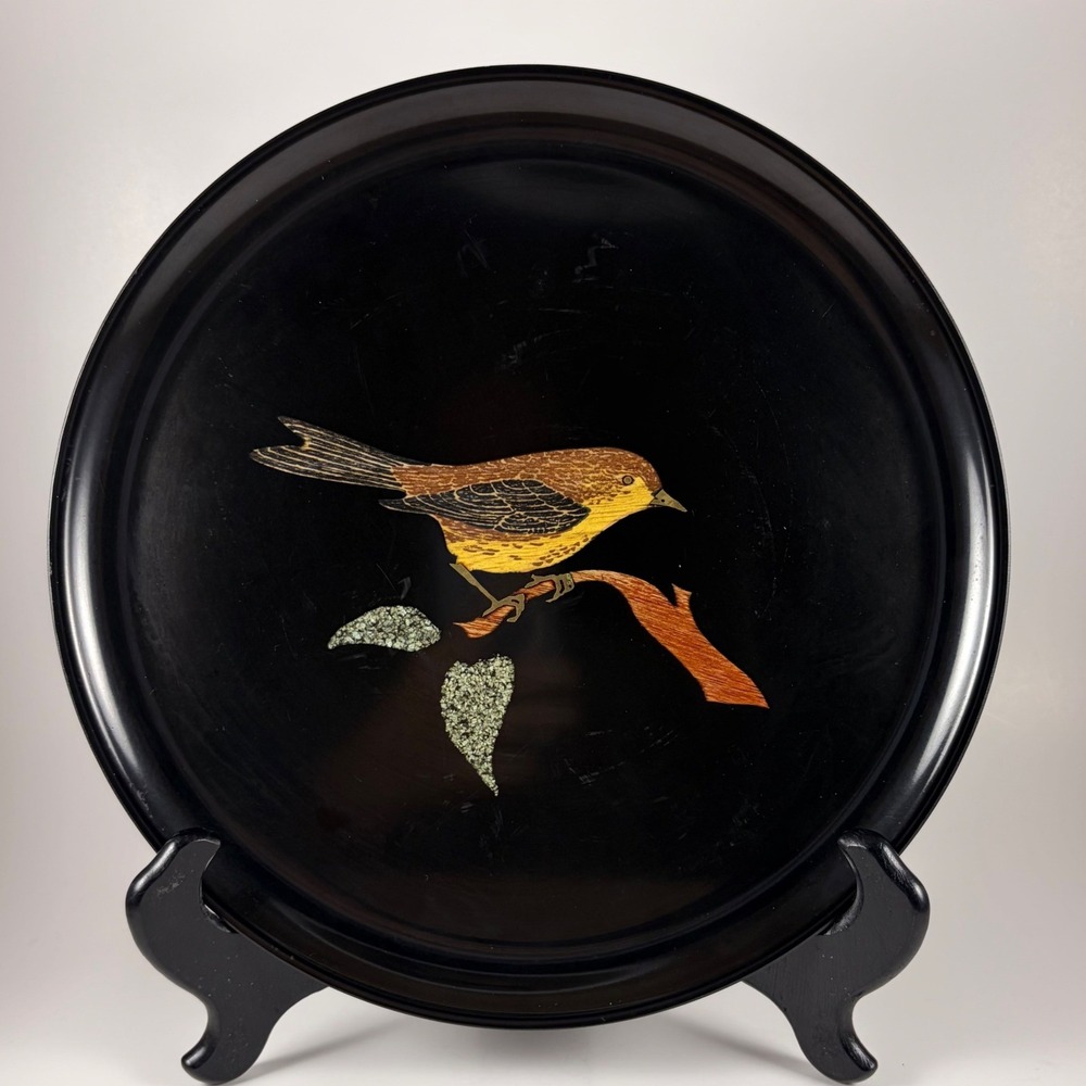Vintage Couroc of Monterey Bird Wood Inlay Round Tray Black Mid Century MCM